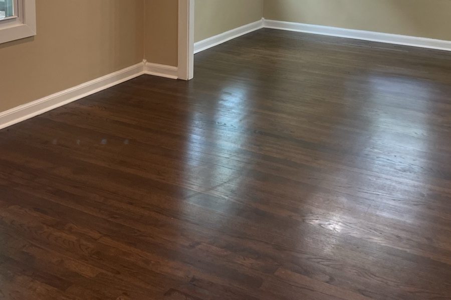 Newly installed hardwood floor in a Columbus dining room