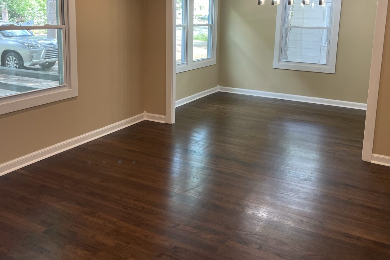 Newly installed solid hardwood flooring in a Columbus dining room